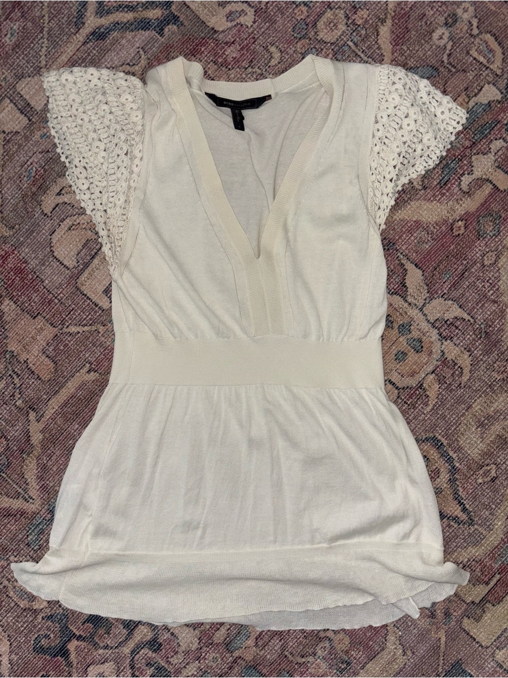 BCBGMaxAzria Cream Knit V-Neck Top with Crochet Cap Sleeves